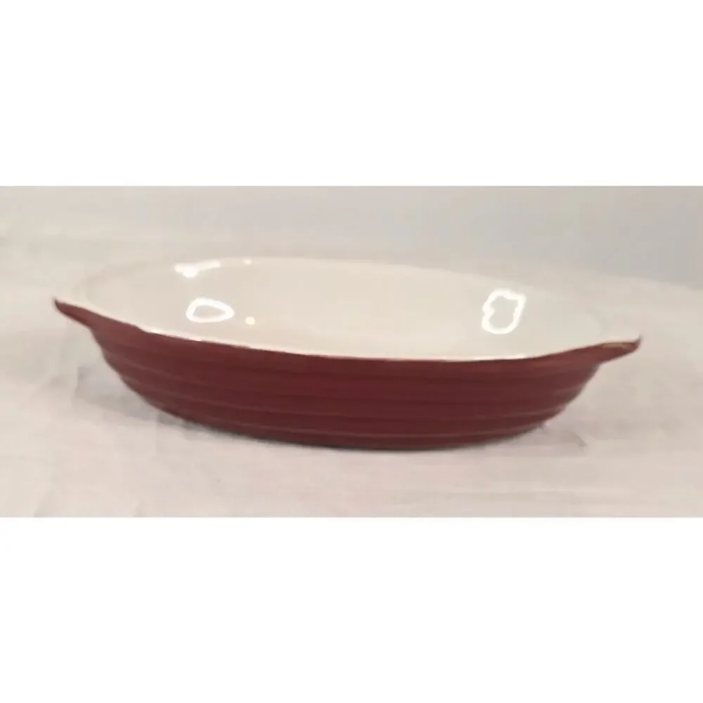 Unbranded Stoneware Oval Au-Gratin Dish Red Outside White Inside 5